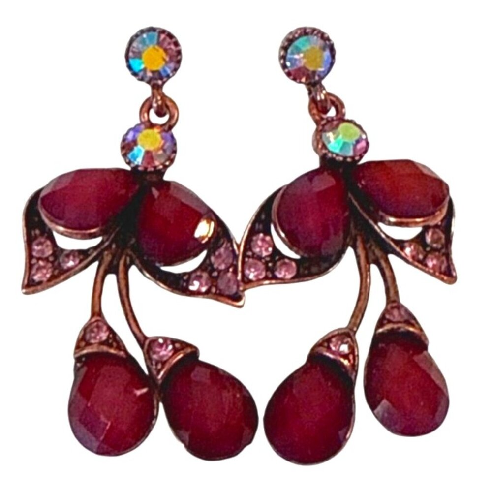 Vintage red purple crystals dangle pierced‎ earrings OS